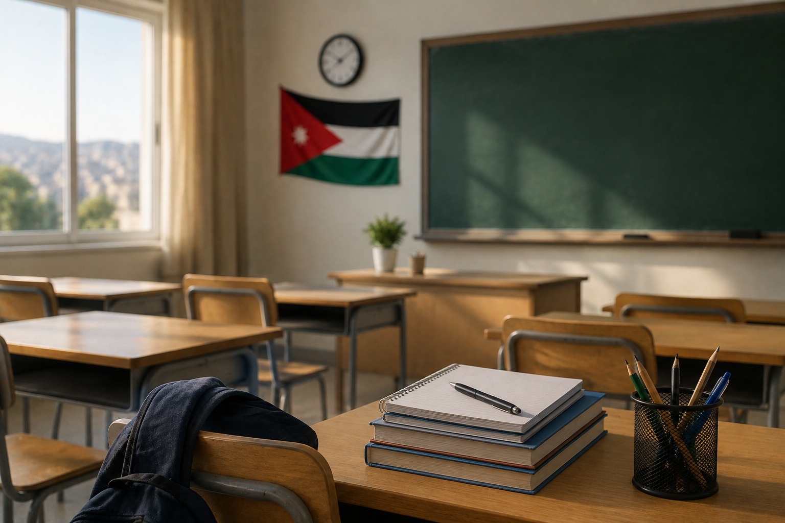 صورة توضيحية لفصل دراسي جاهز لاستقبال الطلبة في الأردن.